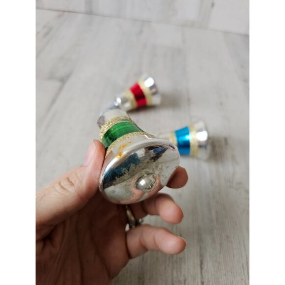 Vintage glitter mercury glass bell ornament gold striped green red blue set Xmas - Picture 9 of 15